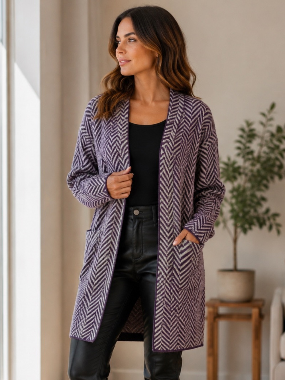 Joan Vass Purple and Gray LongKnit Cardigan Chevron Pattern Size L